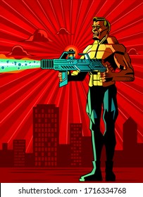 Strong Warrior Game Character Vector Illustration.  Armed Hero Shooting In The City. Man Standing On Battlefield. War Or Power Concept. Illustration Of A Commando With Laser Gun.  8 Bit Game Style.