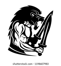 Strong warrior with a lion head and two swords on a white background.