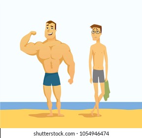 Strong and weak men - cartoon people character isolated illustration on white background. A handsome young sportsman and a thin feeble person wearing glasses in swimming trunks on a beach