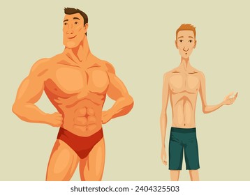 Strong and weak men - cartoon people character. A handsome young sportsman and a thin feeble person in swimming trunks