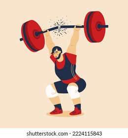 Strong weightlifter doing squats lifting heavy weight and breaking the barbell. Heavy athlete performing exercises in sport training. Vector flat illustration