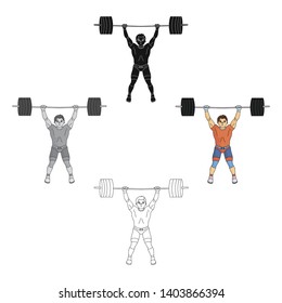 Strong weightlifter raises the bar in the gym.The athlete lifts a huge weight.Olympic sports single icon in cartoon,black style vector symbol stock illustration.