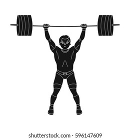 Strong weightlifter raises the bar in the gym.The athlete lifts a huge weight.active sports single icon in black style vector symbol stock illustration.