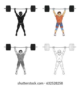 Strong weightlifter raises the bar in the gym.The athlete lifts a huge weight.Olympic sports single icon in cartoon style vector symbol stock illustration.