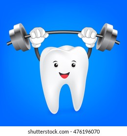 Strong weight-lifting tooth. Cute cartoon illustration, isolated on blue background.  great for health dental care concept.