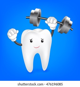 Strong weight-lifting tooth. Cute cartoon illustration, isolated on blue background.  great for health dental care concept.