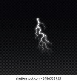 Strong white electrical discharge of lightning on a transparent background. Glow effect. Lightning strike. Storm. Bad weather. Magical discharge of energy. Vector illustration.