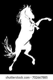 A strong white horse is jumping.