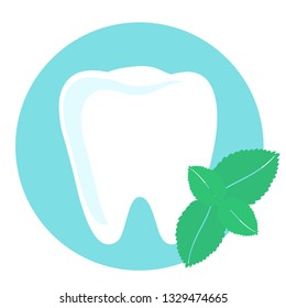 Strong white tooth and mint leaf. Vector illustration.