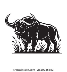 Strong wild african buffalo standing in the grass black and white vector illustration Vector