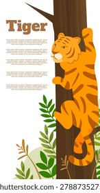 strong wild tiger climbing up a brown tree trunk