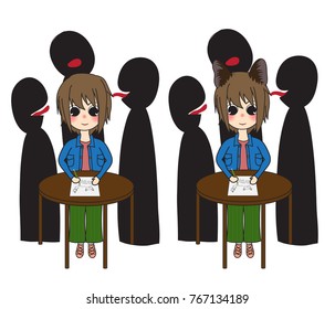 Strong Will Short Hair Girl with Cat Ears was Bullied by Group of People. Vector Illustration. isolated on White Background.