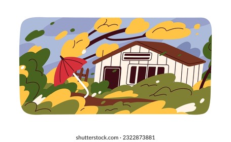 Strong wind blowing, hurricane in autumn season. Windy stormy day, dangerous weather, windstorm destroying tree branches, umbrella, house. Natural disaster, catastrophe. Flat vector illustration