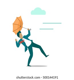 Strong wind blowing on man with umbrella and turned it out. Natural disaster. Deadly strong wind ruins everything. Hurricane damages person's life. Catastrophe caused wind. Vector illustration