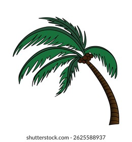 A strong wind blows on a palm tree. Island flora plant element