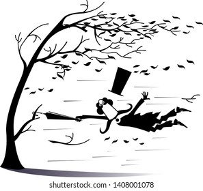 Strong wind, flying leaves and long mustache man lost top hat trying to keep his life snatching a tree using an umbrella black on white illustration