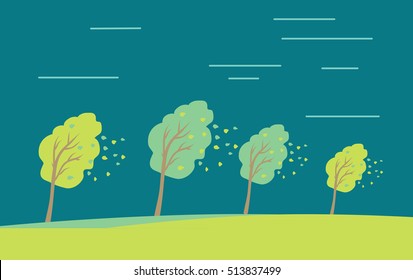 Strong wind and heavy rainstorm in the forest. Heavy shower, downpour, cloudburst fall down leaves from trees. Autumn concept. Wind blowing in the park. Vector illustration in flat style