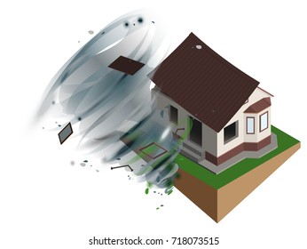 Strong wind hurricane ripped off roof of house. Home Insurance. Isolated on white vector 3d realistic illustration