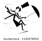 Strong wind and a long mustache man lost his hat and try to keep an umbrella isolated on white illustration vector