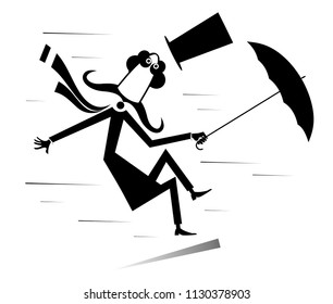 Strong wind and a long mustache man lost his hat and try to keep an umbrella isolated on white illustration vector