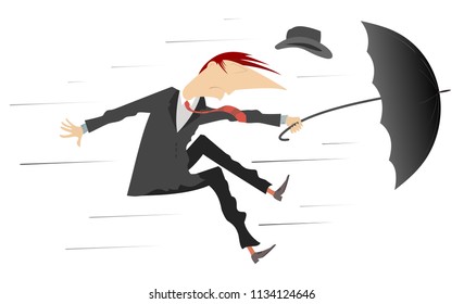 Strong wind and man with hat and umbrella isolated illustration. Whirlwind and a man lost his hat and try to keep an umbrella isolated on white illustration vector
