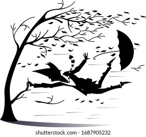 Strong wind and man snatches up a tree using umbrella illustration. Strong wind, flying leaves and man lost an umbrella to keep his life snatching a tree black on white silhouette
