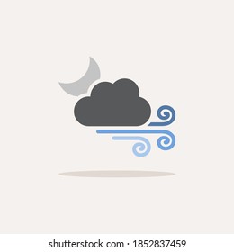 Strong wind, moon and cloud. Color icon with shadow. Weather vector illustration