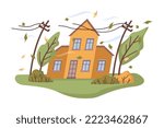Strong wind natural disaster, tsunami catastrophe and cataclysm. Isolated gust with huge force, breaking parts of wires and house damage. Vector in flat style