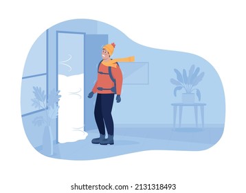 Strong wind and snowstorm 2D vector isolated illustration. Man struggling cold weather flat character on cartoon background. Dressing warm colourful scene for mobile, website, presentation