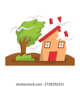 Strong wind storm damaging residential house vector illustration, wind disaster damage to house vector image, natural disaster clip art 