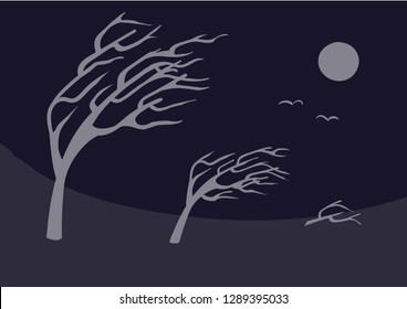 A strong wind tends the tree to the ground. Strong winter storm at night. Birds fly in an unknown direction. Full moon.