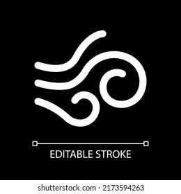 Strong wind white linear ui icon for dark theme. Wind force and speed. Weather forecast. Vector line pictogram. Isolated user interface symbol for night mode. Editable stroke. Arial font used