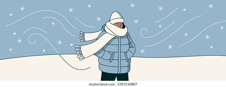 Strong wind. Windy weather. A woman walks outside in strong wind and snow. Frost and cold. Winter walk in nature. The woman is wrapped in a scarf and a warm winter jacket. Vector flat illustration.