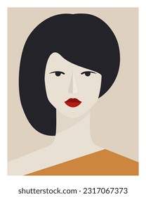 Strong woman abstract portrait. Young woman portrait. Flat face portrait wall poster. Brunette woman retro style. Female portrait. Minimalistic wall art. Vector wall poster. 