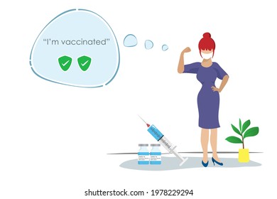 Strong woman after injecting 2 doses Covid-19 vaccines with wording " I'm vaccinated". Idea for Covid-19 vaccine distribution for people to stop pandemic.