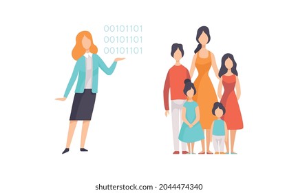 Strong Woman with Binary Key and Standing with Children Vector Set