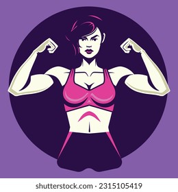 a strong woman with bold feminine muscles, in the style of bold outlines, flat colors, retrowave, dark pink and light black, starpunk, luminescent color scheme