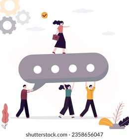 Strong woman boss leads business team, members help carrying big speech bubble. Team discussion, community, forum or social feedback. Successful negotiations, communication, teamwork, team meeting. 