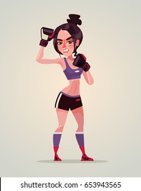 Strong woman boxer character. Vector flat cartoon illustration