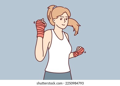 Una mujer fuerte con vendas de boxeo en las manos mira a la cámara invitando a pelear o jugar deportes. La bella muchacha atlética se dedica a la aptitud física o a aprender técnicas de autodefensa. Imagen vectorial plana