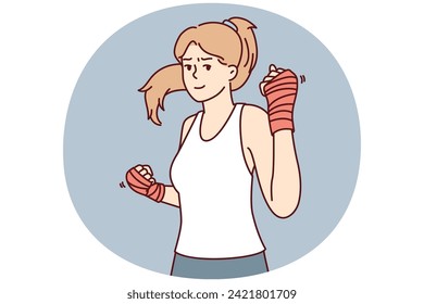 Strong woman with boxing bandages on hands looks at camera inviting to fight or play sports. Beautiful athletic girl is engaged in fitness or learning self-defense techniques. Flat vector image