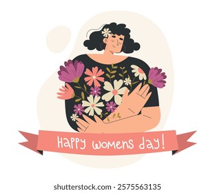 Strong Woman Character with Blooming Flower Have Power as Feminism Vector Illustration