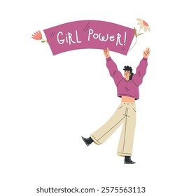 Strong Woman Character Hold Banner Have Power as Feminism Vector Illustration