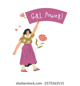 Strong Woman Character Hold Banner Have Power as Feminism Vector Illustration