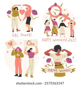 Strong Woman Character with Power as Feminism Vector Set