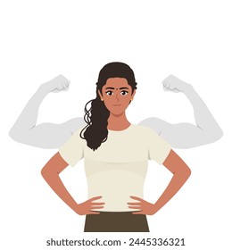 Personaje de mujer fuerte con sombra mostrando sus bíceps. Ilustración vectorial plana aislada sobre fondo blanco