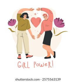 Strong Woman Character Show Heart Gesture Have Power as Feminism Vector Illustration