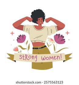 Strong Woman Character Show Muscle with Ribbon and Flower Have Power as Feminism Vector Illustration