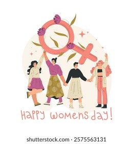 Strong Woman Character Together Hold Hands Have Power as Feminism Vector Illustration