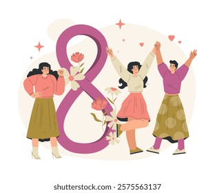 Strong Woman Character Together Hold Hands Have Power as Feminism Vector Illustration